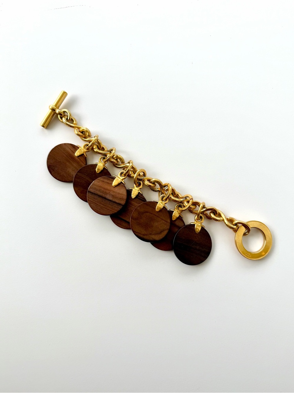 Celine Vintage Gold-Tone Chain Bracelet with Brown Wood Disc Charms - Picture 10 of 13